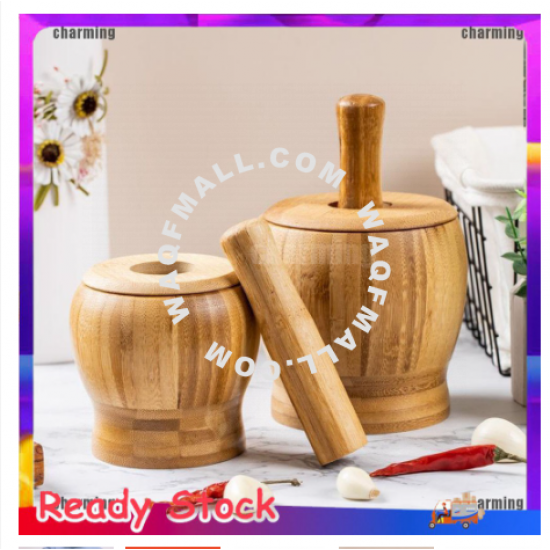 ❉Grinding Set Bamboo Mortar And Pestle Pedestal Bowl Garlic Pot Spice Pepper Salad Mill Kitchen Tools