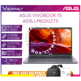 ASUS VivoBook 15 Laptop (Intel i5-1035G1/4GB DDR4/512GB SSD/Nvidia MX330 2GB/15.6" FHD) A516J-PBQ102TS